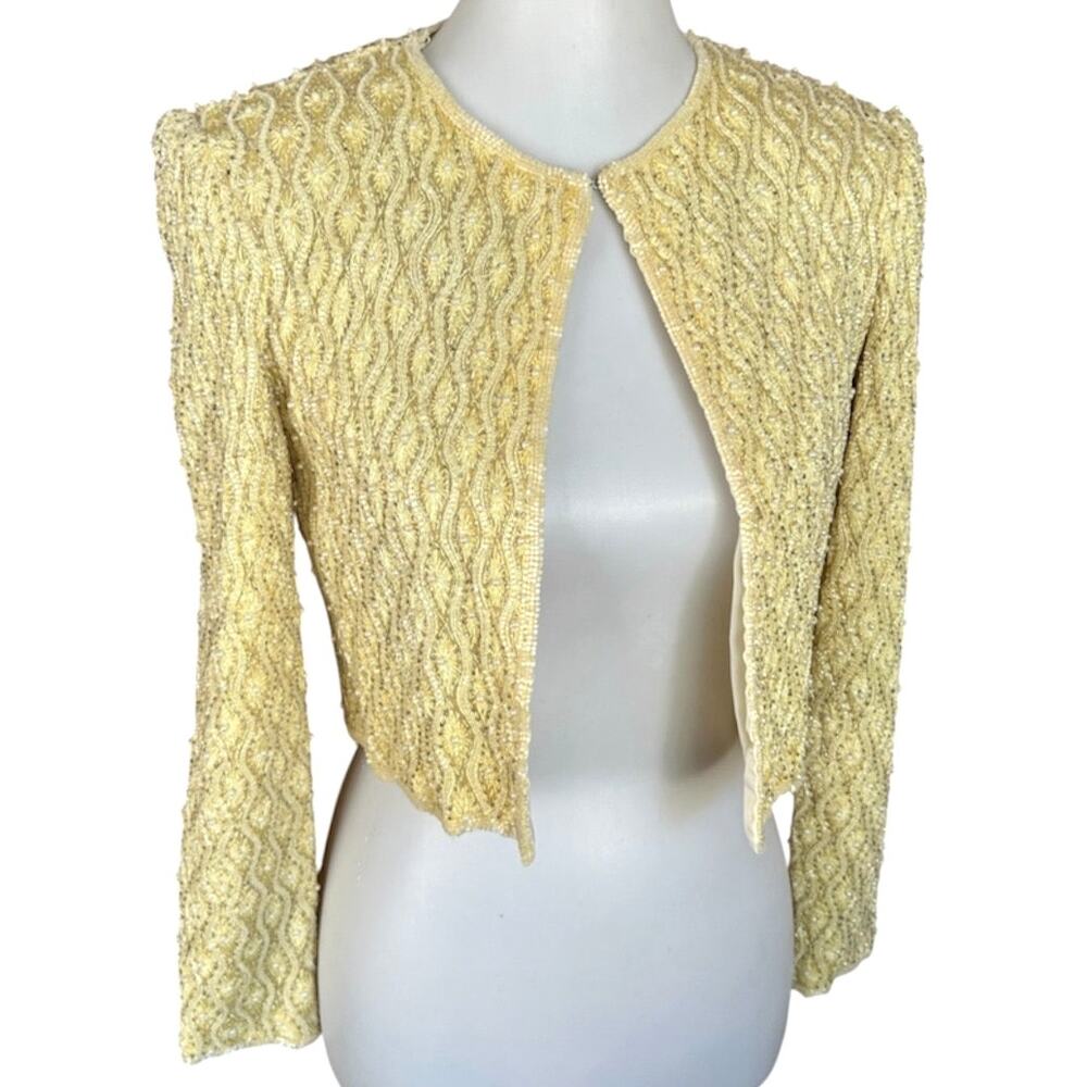 Vintage 90s Adrianna Papell Beaded Silk Bolero Shrug Pale Yellow Art Deco S